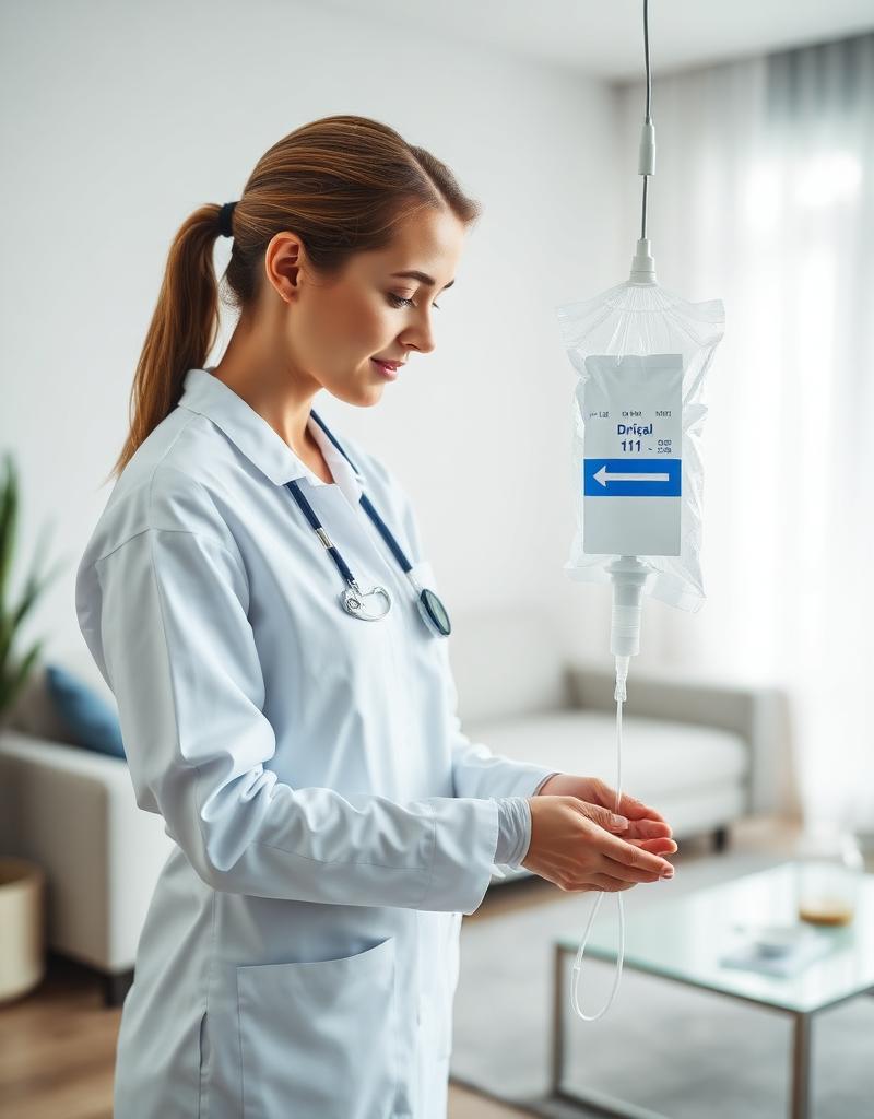 Infirmière diplômée d'État préparant une perfusion vitaminée à domicile